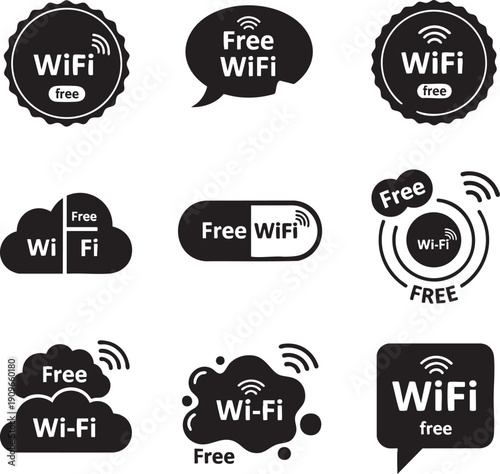 Collection of modern free wifi zone signs for public hotspots