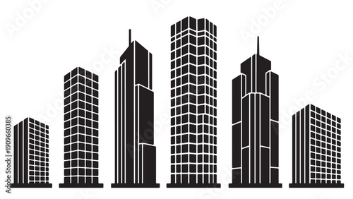 Modern office tower collection for corporate real estate branding, commercial property marketing, business district visualization, architectural portfolio presentations, and downtown development