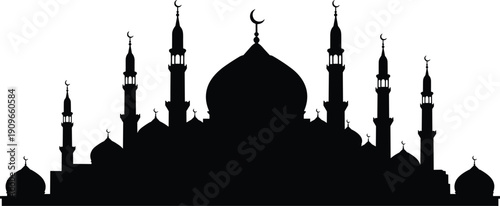 Mosque skyline silhouette with multiple minarets and domes for islamic religious holiday celebration vector background