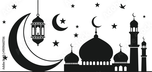 Islamic mosque complex with moon, stars, lantern and birds, Ramadan and Eid greetings banner