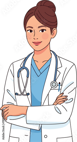 A confident female doctor, a dedicated healthcare professional, stands with expertise and a friendly demeanor in her medical uniform, ready to provide compassionate patient care and health guidance