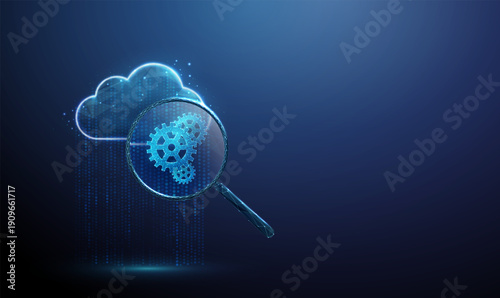 3d data cloud in flowing stream of dots, magnifying glass with gears Data processing analysis, system automation, workflow optimization, technology inspection concept.
