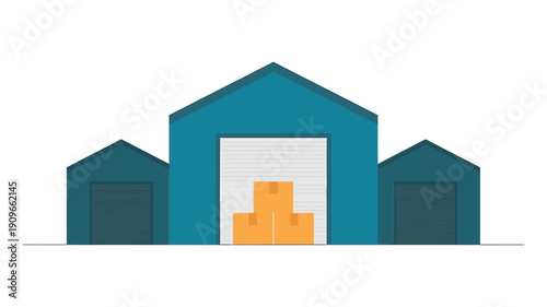 Flat vector illustration of three blue storage units with orange boxes