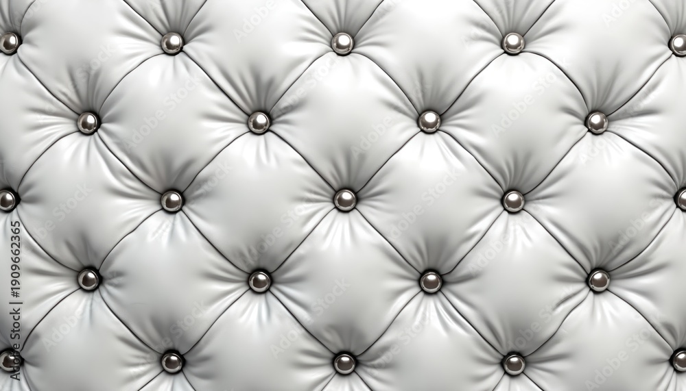 Obraz premium Close view of white tufted leather with silver buttons creating diamond pattern. Soft material surface with deep texture and stitching detail, suitable for luxury interiors or furniture.