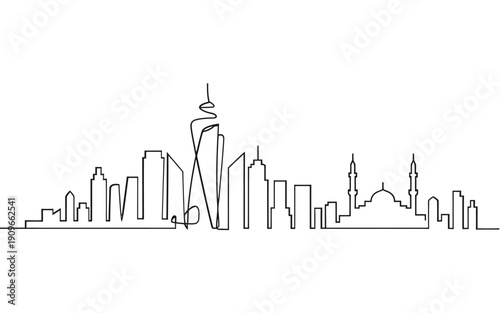 Minimalist one line drawing depicts a modern cityscape with notable architectural landmarks