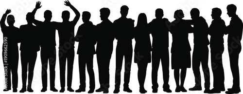 Silhouette group of people raising arms, unity concept, teamwork illustration, diversity representation, social interaction, community gathering, human connection