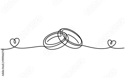 Two wedding rings intertwined with hearts in a minimalist continuous line drawing
