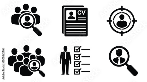 Recruitment icons depicting candidate search evaluation and selection processes