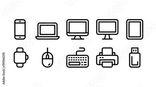 Line art icons depicting various digital devices and computer peripherals