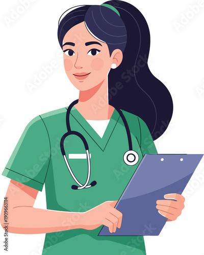 A friendly female medical professional in green scrubs holding a clipboard, representing healthcare and caregiving