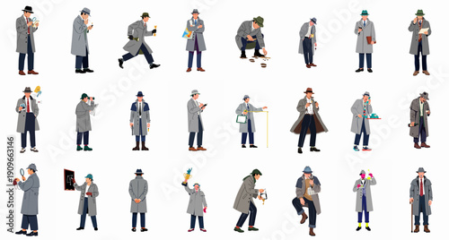 Private Investigator Characters Set: Collection of men in trench coats and fedoras conducting detective work, solving crimes, and finding clues.