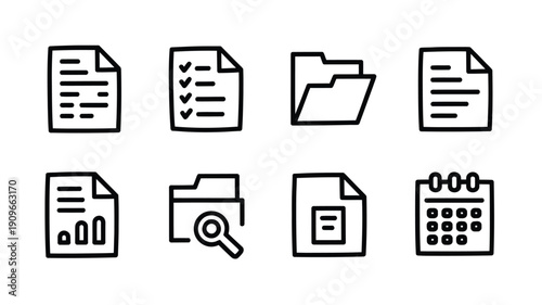 Black and white line icons depicting various document and file types