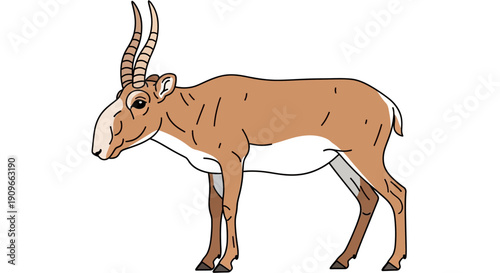 Illustration of a standing brown antelope with curved horns.