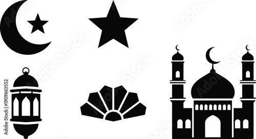 Islamic symbols moon star lantern mosque fan Islamic crescent star and mosque Islamic new year Ramadan Muslim celebration