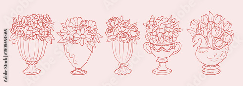 Grunge minimal vases with flower bouquet illustrations. Doodle art icons in victorian. Romantic vector illustration for scrapbooking, poster, placard, postcard.