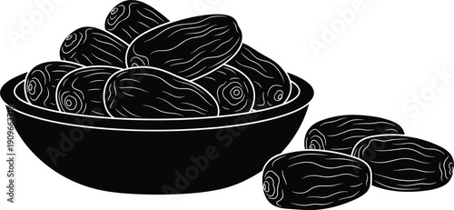 Bowl of dates silhouette with loose dates, a traditional islamic food, on transparent checkered background