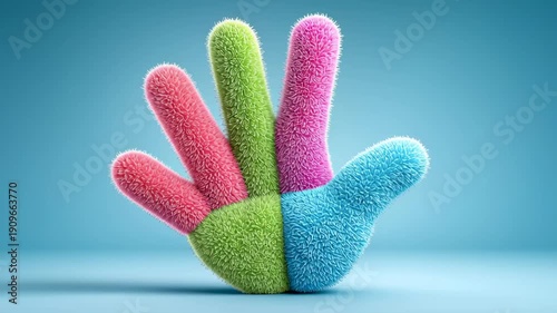 Colorful Furry Abstract 3D Shape on Blue Background, Soft Texture Design