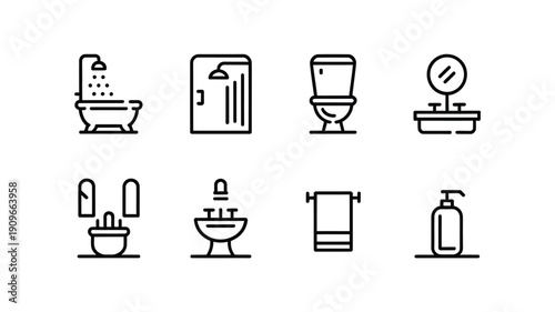 Minimalist line art icons depicting various bathroom fixtures and accessories