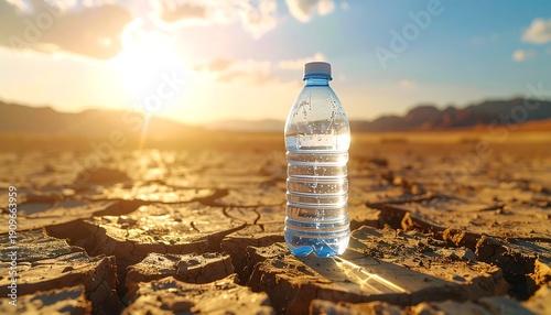 A clear water bottle on parched, cracked earth under a vibrant sunset, starkly illustrating water scarcity, drought, and environmental impact