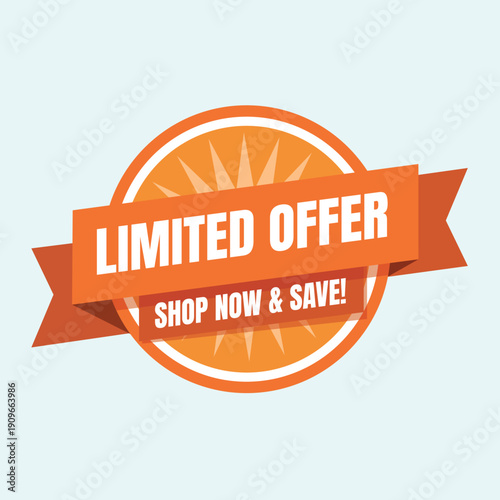 Orange circular badge displaying a limited offer with shop now text