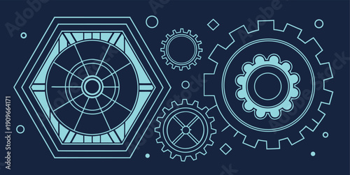 Futuristic gears and hexagon mechanism blue neon technology design