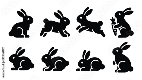 Simple black silhouettes depict multiple rabbits in various poses and actions