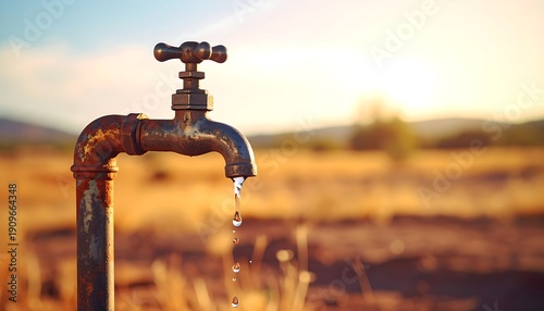 Close-up of a rusty water tap with a single drop of water falling into a dry, sun-drenched landscape