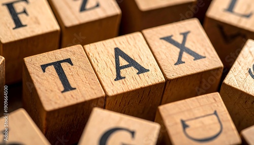 Wooden blocks with the word TAX spelled out, symbolizing financial obligations and fiscal responsibilities