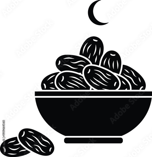 Dates fruit bowl with crescent moon silhouette symbol for ramadan iftar meal and traditional islamic religious diet