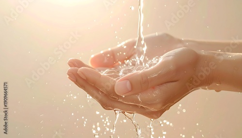 Golden Hour Hand Washing Refreshing Water Flowing Over Cupped Palms, Symbolizing Purity, Hydration, and Gentle Care in a Soothing, Luminous Setting