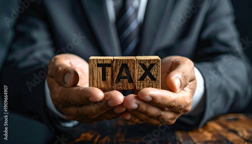 Man holding wooden blocks with the word TAX written on them, representing tax obligations and financial planning