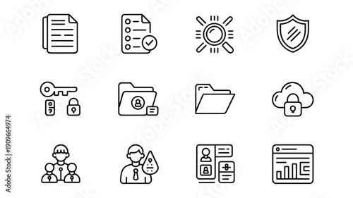 Collection of black and white line icons representing security data and access