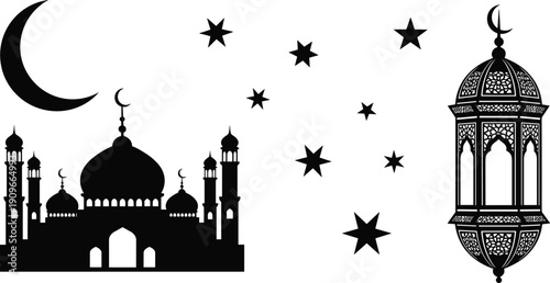Islamic lantern mosque crescent moon and stars black silhouette on transparent background islamic celebration decor