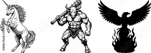 Mythological Creatures Set Unicorn Minotaur and Phoenix Icons