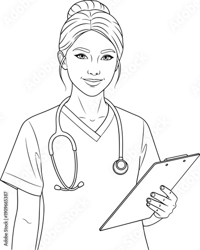 Illustration of a smiling nurse with a stethoscope and clipboard, a medical professional ready to care