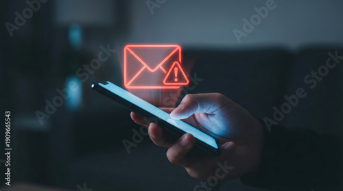 Person receiving spam email phishing scam alert. serious warning icon for security threat and cybercrime on smartphone screen creates sense of caution and concern