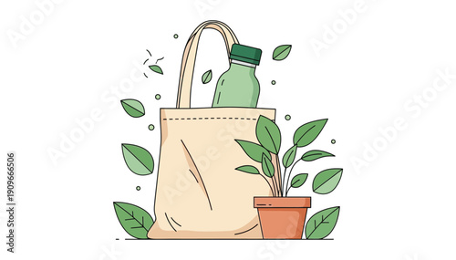 Eco friendly reusable bag and water bottle with green plant promoting sustainable living and reducing plastic waste effectively