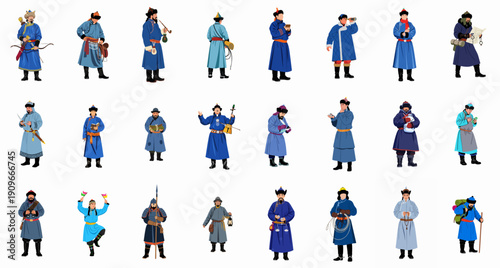 Set of 24 Mongolian Historical Figures and Occupations in Traditional Deel Clothing: Warrior, Shaman, Nomad, Traveler, and Musician.
