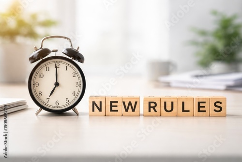 Wallpaper Mural Alarm clock and wooden blocks with new rules text business regulation concept Torontodigital.ca
