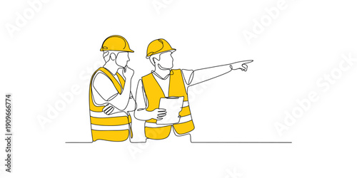 Continuous One Line Drawing of Two Construction Workers in Yellow Safety Gear Discussing and Pointing