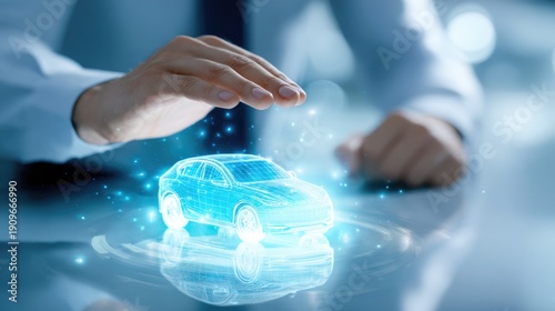 Wallpaper Mural Futuristic holographic electric car concept with protective hands Torontodigital.ca