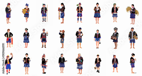 Diverse Southeast Asian Indigenous People Collection: Set of Men and Women in Traditional Attire Performing Daily and Cultural Activities