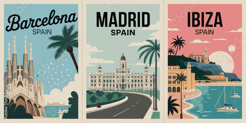 Barcelona Travel Poster, script typography palace landmark with scenic pathway vector