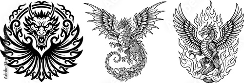 Fierce Mythological Dragon Line Art Tattoo Vector Graphic Set