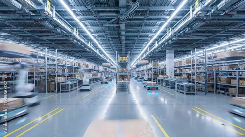 Moving autonomous carts delivering packages in a large modern warehouse