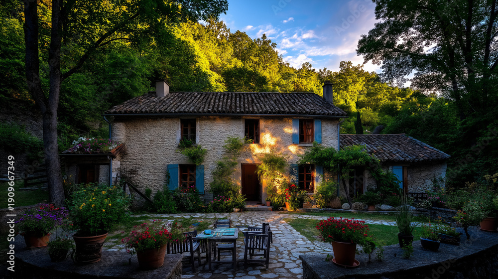 Obraz premium AI generator images of beautiful Italian or Mediterranean-style house, renovated from an old winery into a warm and inviting residence. The main house is constructed from natural stone
