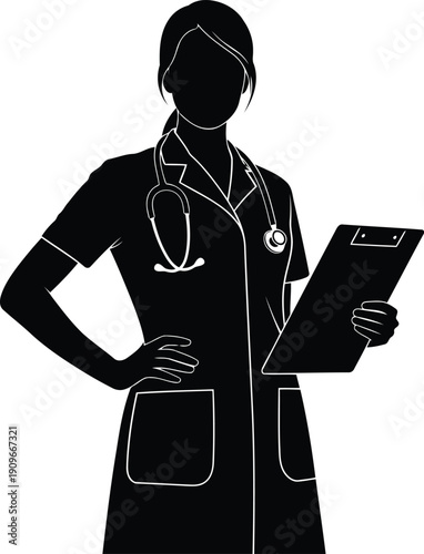 Silhouette of a medical professional holding a clipboard and stethoscope
