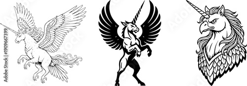 Vector set of winged unicorn fantasy creatures illustration.