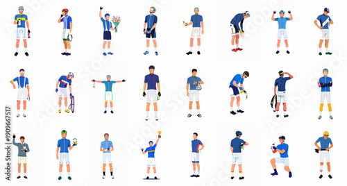 Diverse set of male road cyclists and bike racers performing various actions: celebrating victories, training, resting, preparing equipment, and navigating routes.