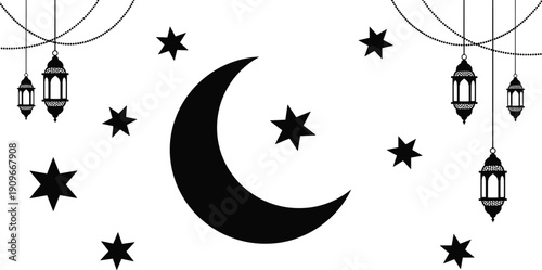 Crescent moon stars and lanterns black silhouette vector art graphic design elements isolated on transparent